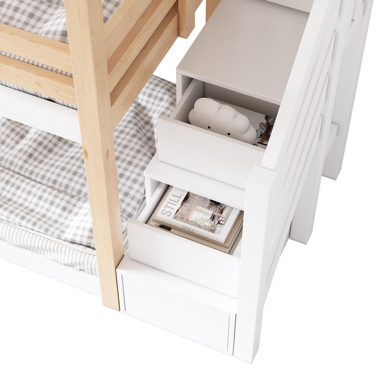 ETAGENBETT aus Kiefer-Massivholz und MDF 90x200 cm in Natur & Weiß mit Stauraum - Weiß, Holzwerkstoff (90/200cm) - Modfu