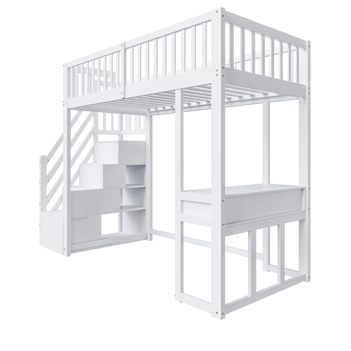 HOCHBETT 90/200 cm DE-01182, in Weiß, mit Tisch und Stauraum-Treppe - Weiß, Holz (90/200cm) - ComfortXL
