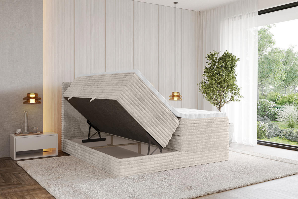 BOXSPRINGBETT mit Matratze H3|H4 und Lattenrost - TOLO KING-v1 180x200 Cord - Creme - Creme, Holzwerkstoff (180/200cm)