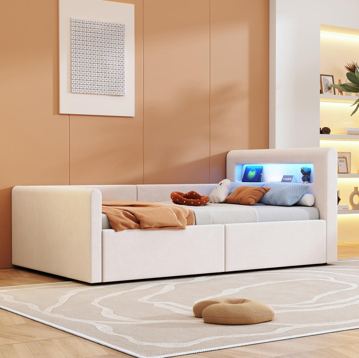 KINDERBETT 90/200 cm aus Samtstoff mit LED-Kopfteil und hydraulischem Stauraum Beige - Beige, Textil (90/200cm) - Modenvie