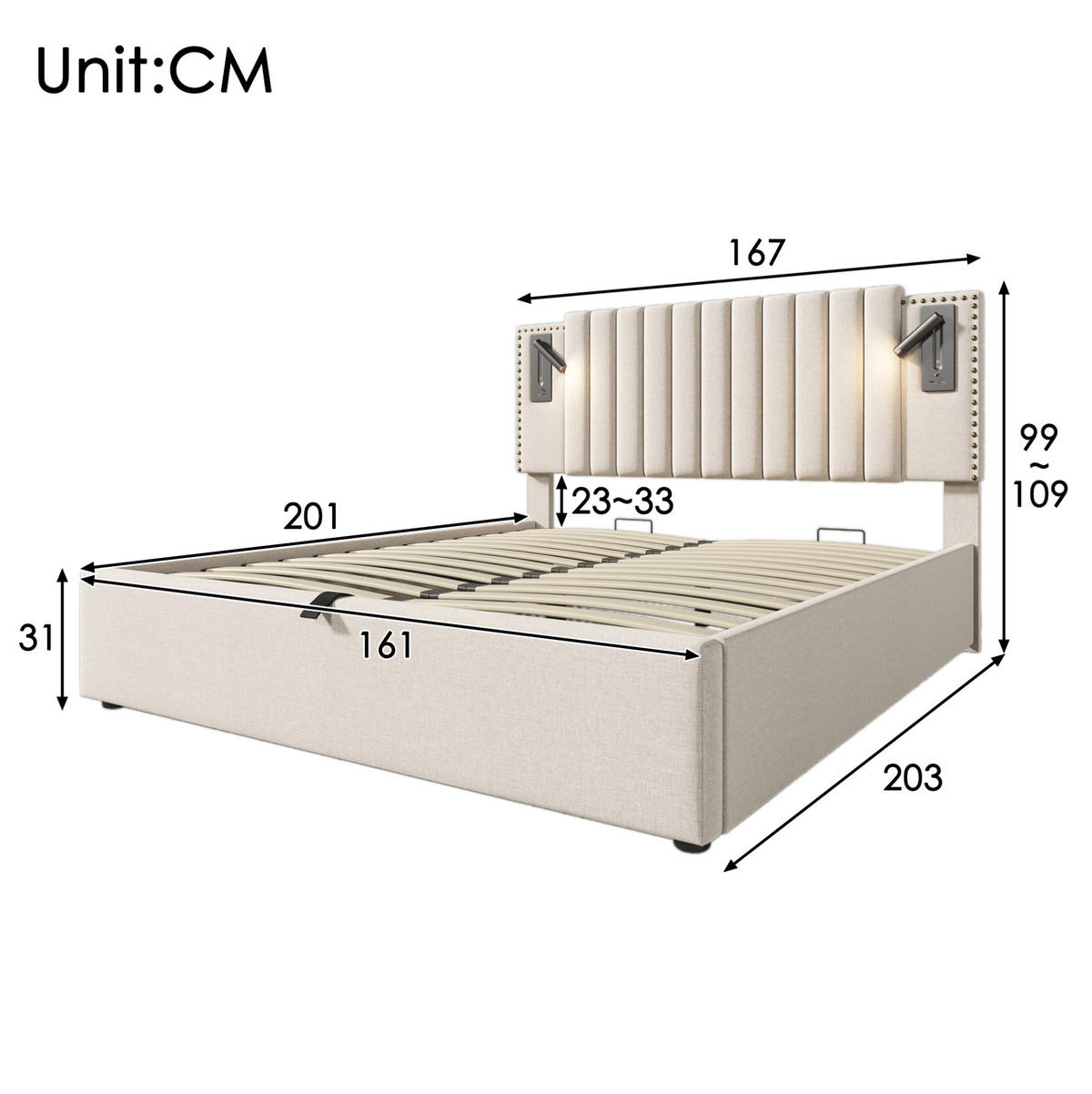 POLSTERBETT 160/200 cm aus Baumwolle mit Leselicht, USB- und Type-C-Anschlüssen, Bettkasten und Matratze, Beige - Beige, Textil (160/200cm) - Redom
