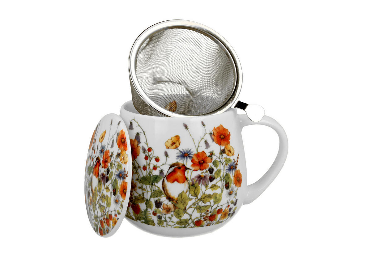 TEETASSE mit Sieb in Fassform WILD BIRD - Weiß, Keramik (0.43L) - DUO PORCELAIN