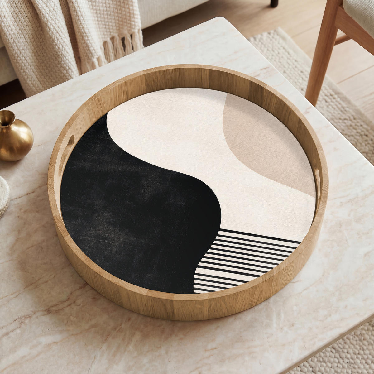 SERVÍROVACÍ PODNOS Abstraktní - Japonské - Béžové - Moderní 40x40 cm - černá, dřevo (40/5/5cm) - OnlyWow