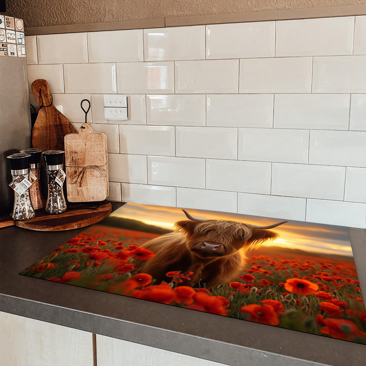 HERDABDECKPLATTE Schottische Highlander - Rosen - Blumenfeld - Sonnenuntergang Ceranfeldabdeckung 76x51.5 cm - Rotbraun, Kunststoff (76/51.5/0.2cm) - MuchoWow