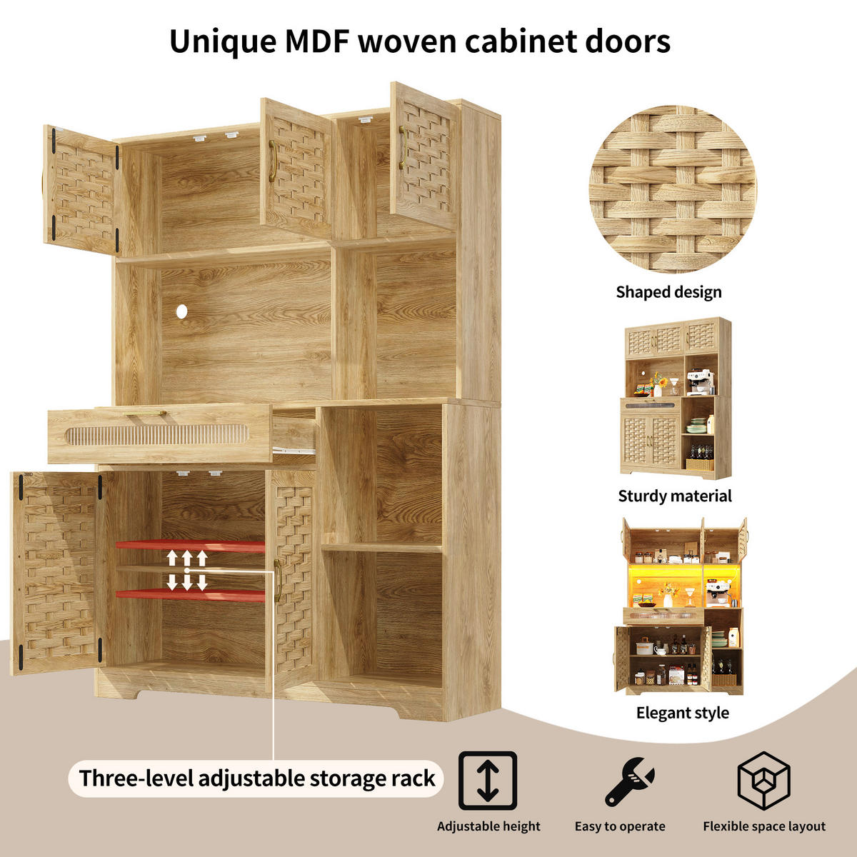 BUFFET 120x40x180cm LED Schubladen MDF - Naturfarben, Metall (120/180/40cm) - FLIEKS