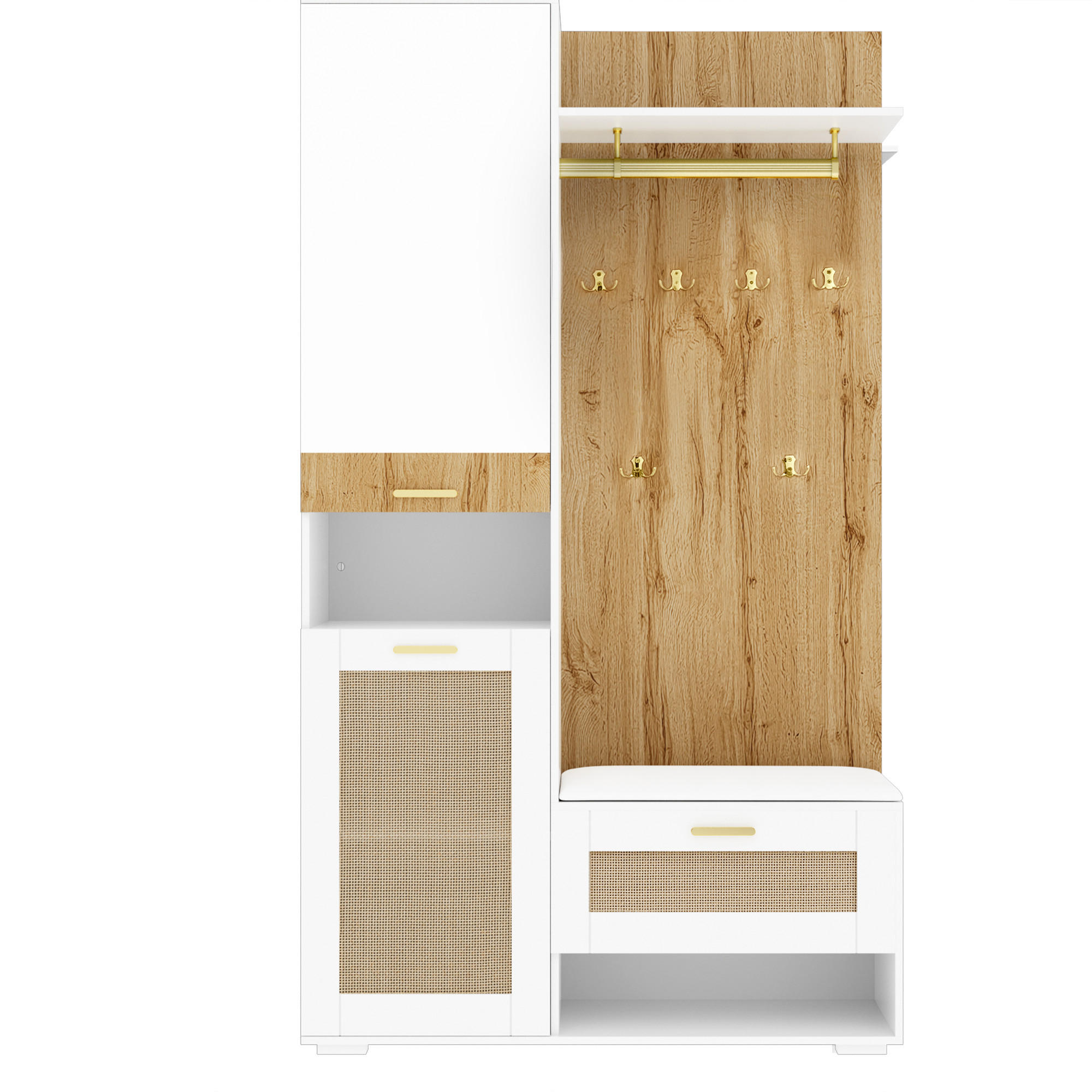 GARDEROBEN-SET 110 cm in Weiß/Holz mit Spiegel Rattan-Optik - Naturfarben, Holzwerkstoff (110/190/38cm) - Urban Meuble