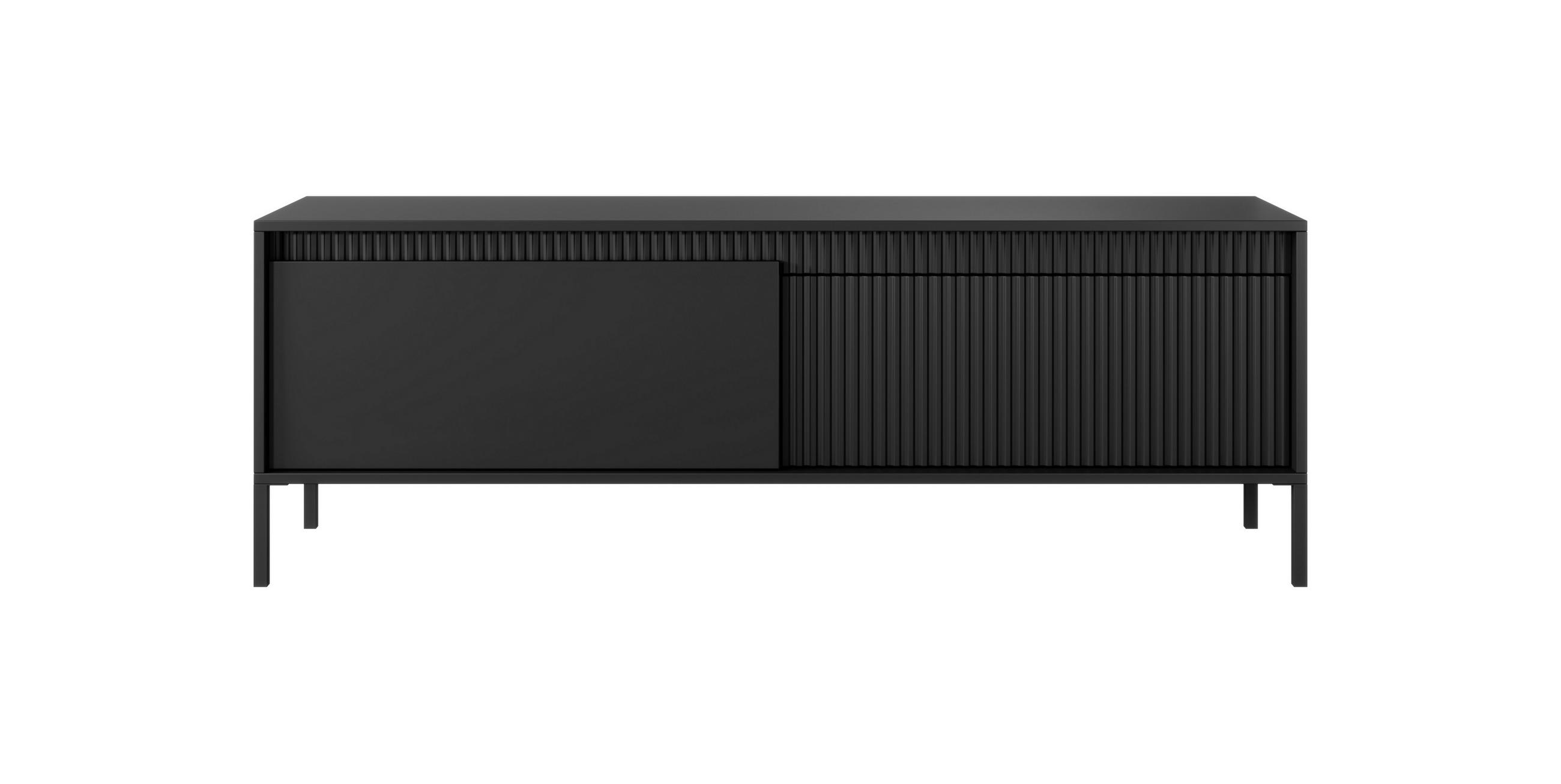 TV LOWBOARD SENSO Geriffelte MDF-Fronten, Push-to-Open, Metallbeine, 153x53,4x39,5 cm, Schwarz - Schwarz, Holz/Holzwerkstoff (154/54/40cm) - DomoHome