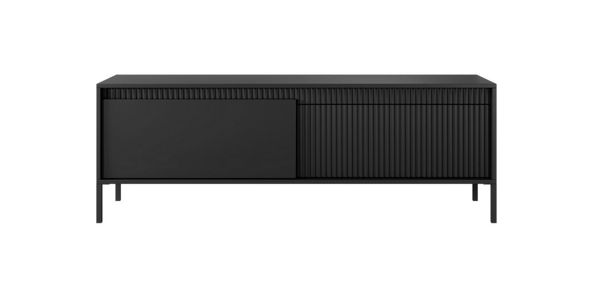 TV LOWBOARD SENSO Geriffelte MDF-Fronten, Push-to-Open, Metallbeine, 153x53,4x39,5 cm, Schwarz - Schwarz, Holz/Holzwerkstoff (154/54/40cm) - DomoHome