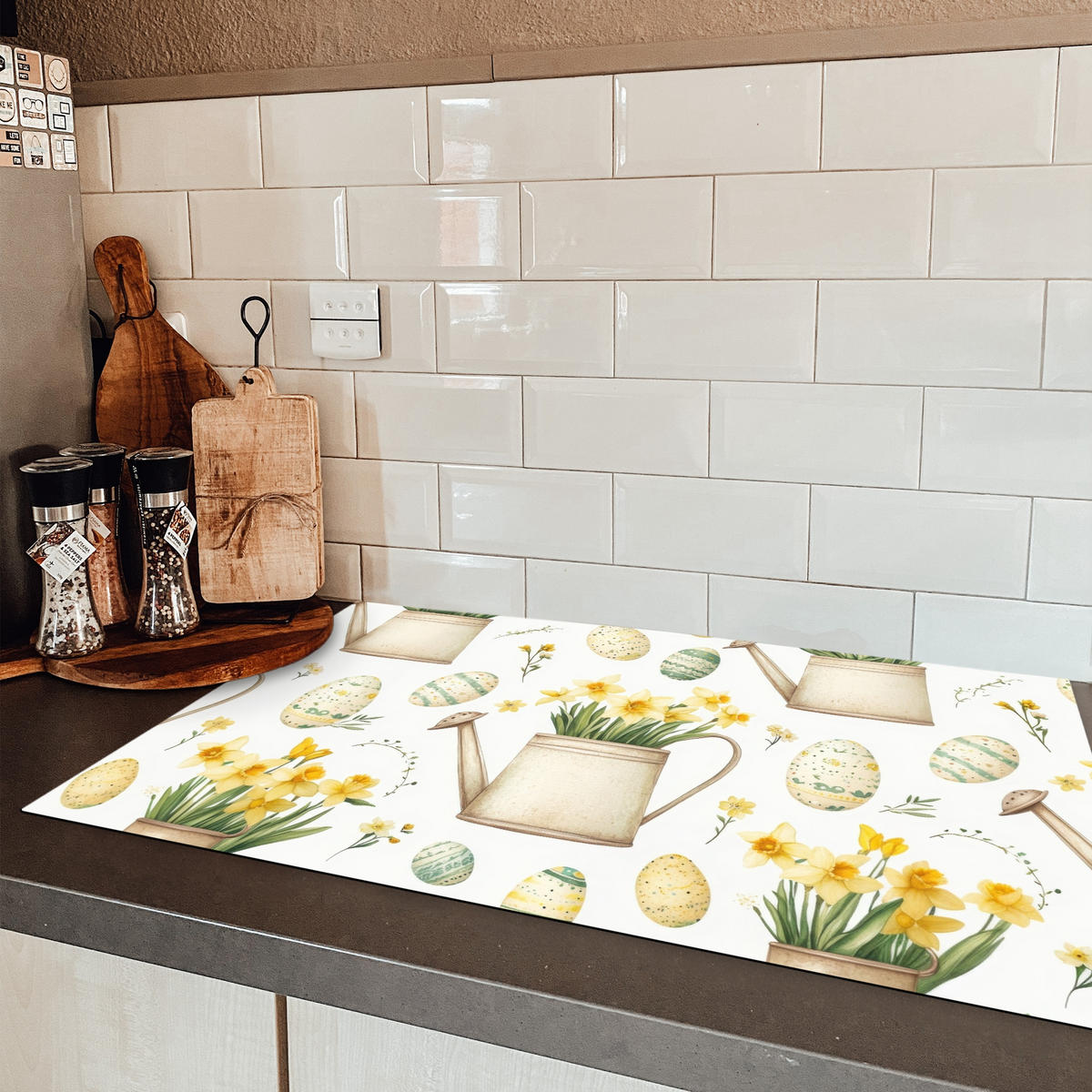 HERDABDECKPLATTE Gießkanne - Blumen - Eier Ceranfeldabdeckung 85x52 cm - Weiß, Kunststoff (85/52/0.2cm) - MuchoWow