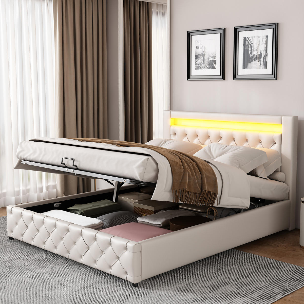 TAPECIRANI krevet 140/200 cm s LED osvjetljenjem, podiznim podnicama i spremištem, Bijela - bijela, plastika (140/200cm) - Redom
