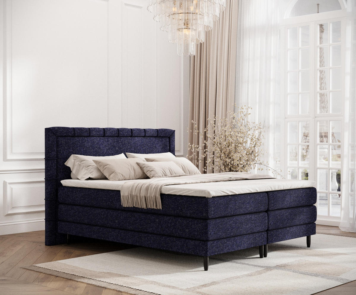 BOXSPRINGBETT Rimini Marineblau 200/200 cm mit Matratze und Topper - Schwarz/Dunkelblau, Holz/Holzwerkstoff (200/200cm) - Maison de Reve