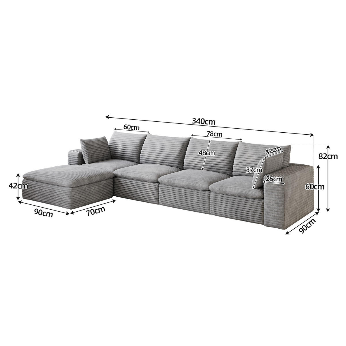 ECKSOFA DE-34773 4-Sitzer mit ottomane Grau - Grau, Textil (160/340cm) - ComfortXL