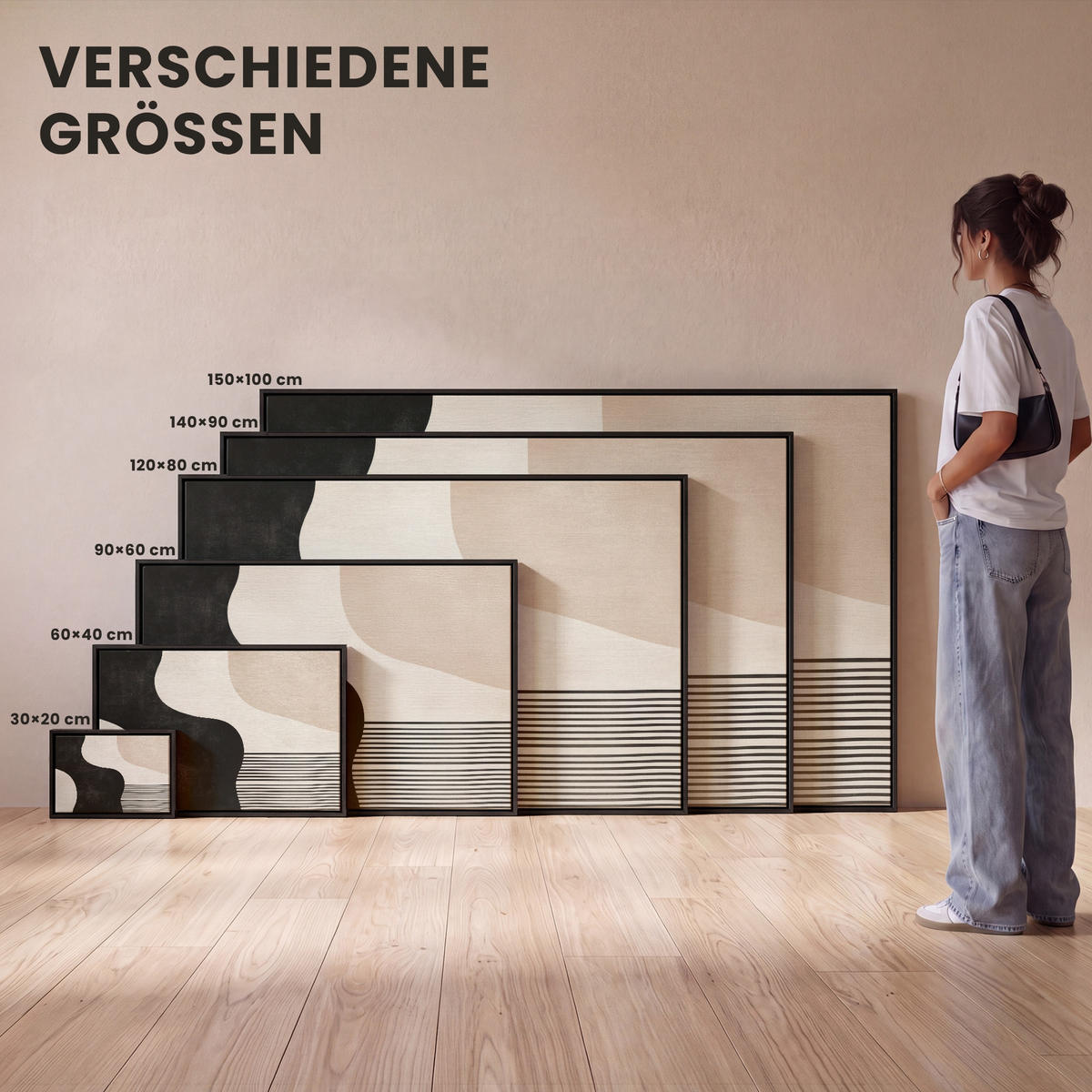 LEINWAND Bilder mit Rahmen - Abstrakt - Japandi - Beige - Modern - 120x80 - Schwarz, Textil (120/80cm) - MuchoWow