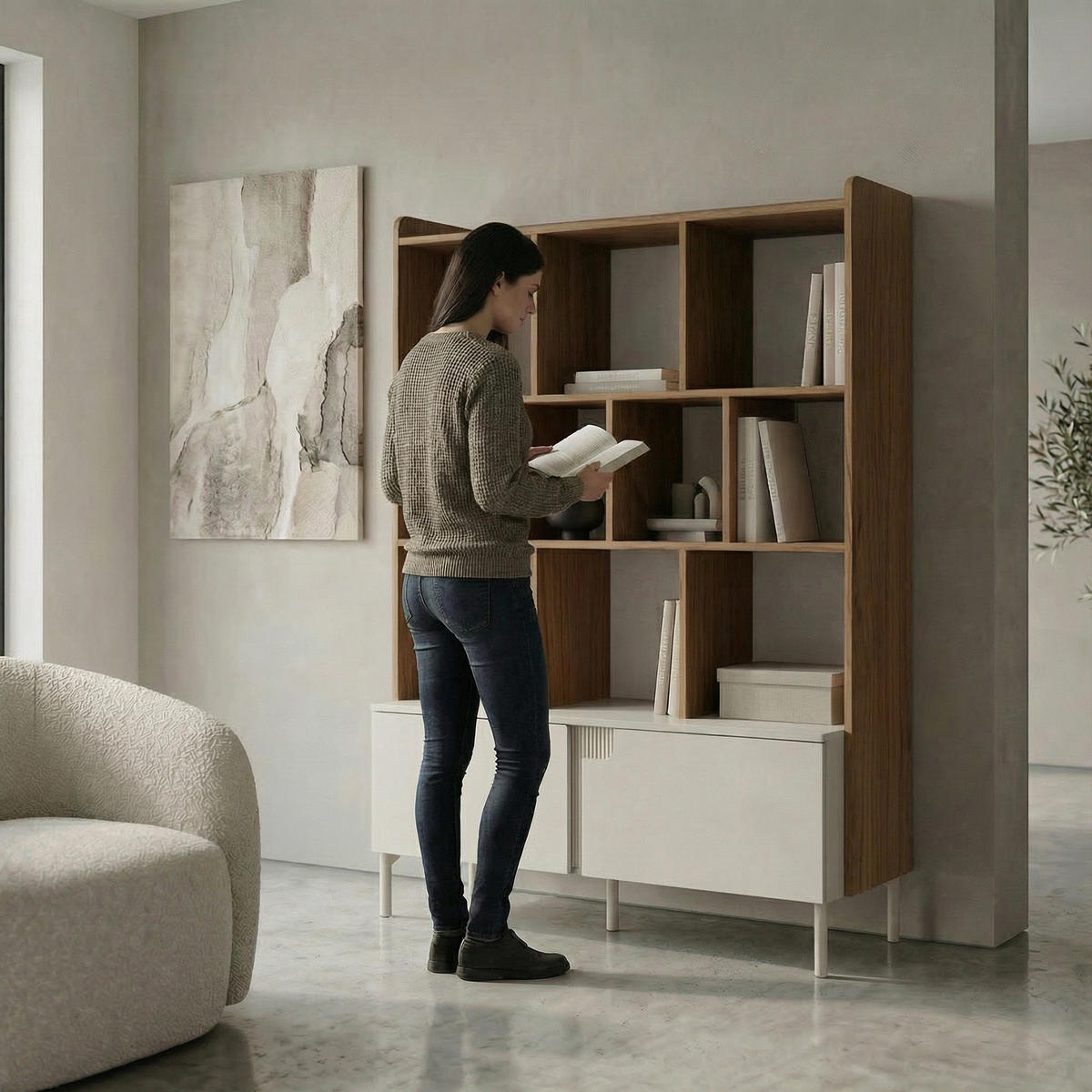 BÜCHERREGAL Positivo mit 1 Tür und 1 Schublade, 110 cm, Alba-Nuss + Kaschmir - Nussbaumfarben, Holzwerkstoff (113/195/42cm) - Beautysofa