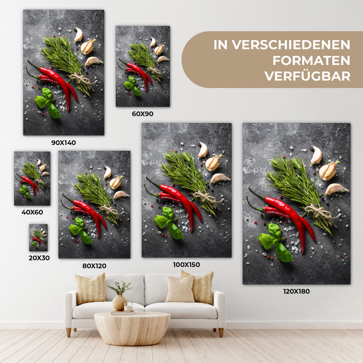 LEINWANDBILD Pfeffer - Kräuter - Gewürze - Beton 40x60 cm - Dunkelgrau, Textil (40/60cm) - MuchoWow
