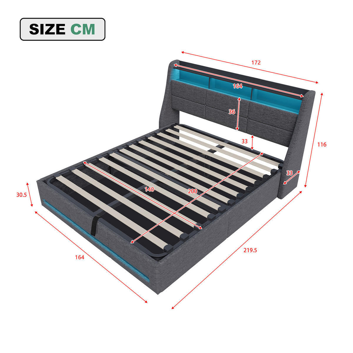 POLSTERBETT 160x200 cm, hydraulischer Stauraum, LED und USB, Kopfteil-Aufbewahrung, Leinenstoff in Grau - Grau, Holz (160/200cm) - BRILVERDE