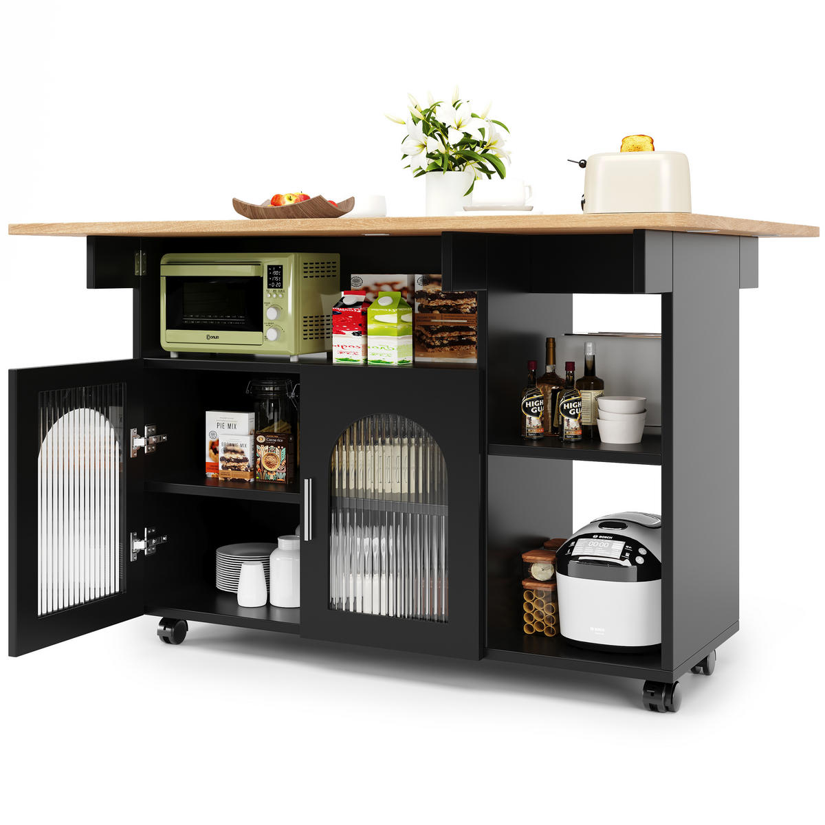 KÜCHENINSEL Klapptisch Rollbar 120x70x79.5cm Schwarz mit Arbeitsplatte & Stauraum - Schwarz, Holzwerkstoff (120/79.5/70cm) - Modfu