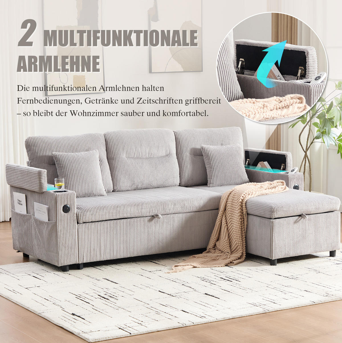 ECKSCHLAFSOFA 3-Sitzer Cord mit Schubladenbett und USB-Anschluss Hellgrau 212,5/136/86 cm - Hellgrau, Textil (136/212.5cm) - Redom