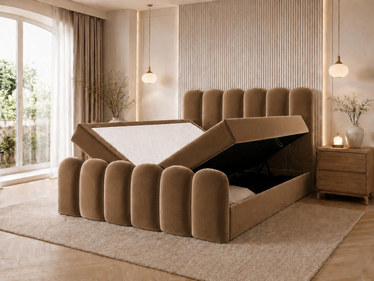 BOXBETT CUDDLE 140x200 cm in Braun, Bettkasten, Topper, Velvet-Stoff - Braun, Holz/Textil (140/200cm) - EMLAR Home