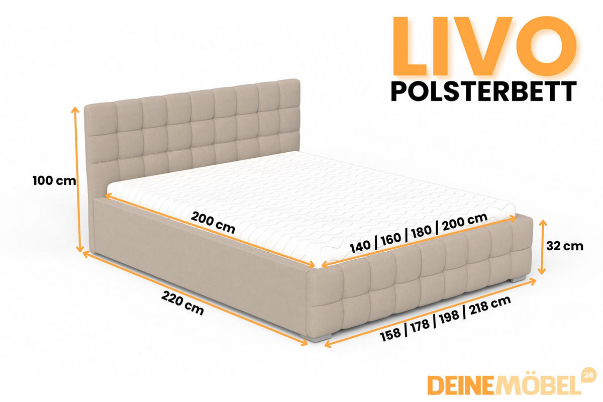 POLSTERBETT LIVO 140/200 in Velours Beige - Beige, Holzwerkstoff/Textil (140/200cm) - Deine Möbel 24