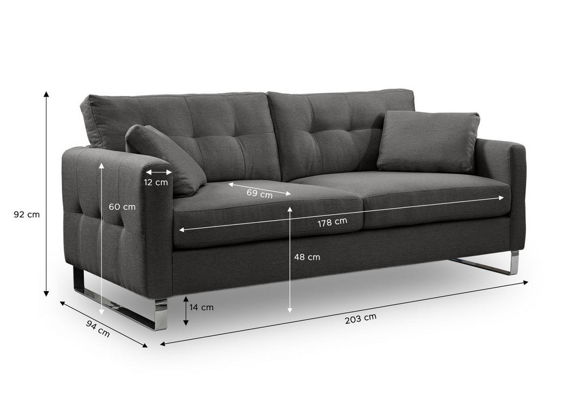 SOFA grau Flachgewebe 2,5-Sitzer 203 cm, Couch mit Steppoptik - Chromfarben/Grau, Holz/Textil (203/92/94cm) - Inn.Furn