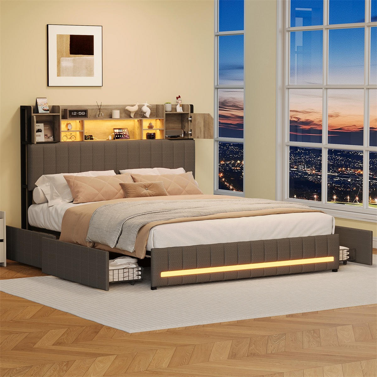 POLSTERBETT 140x190cm - Doppelbett 140x190cm mit Schubladen - RGB-LED-Beleuchtung - ohne Matratze - Grau - Grau, Textil (140/190cm) - DELFA