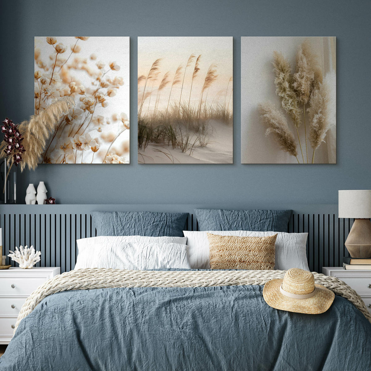 LEINWANDBILDER 3-es Set Blumen Strand 3D - Beige/Weiß, Textil (90/40cm) - Muralo