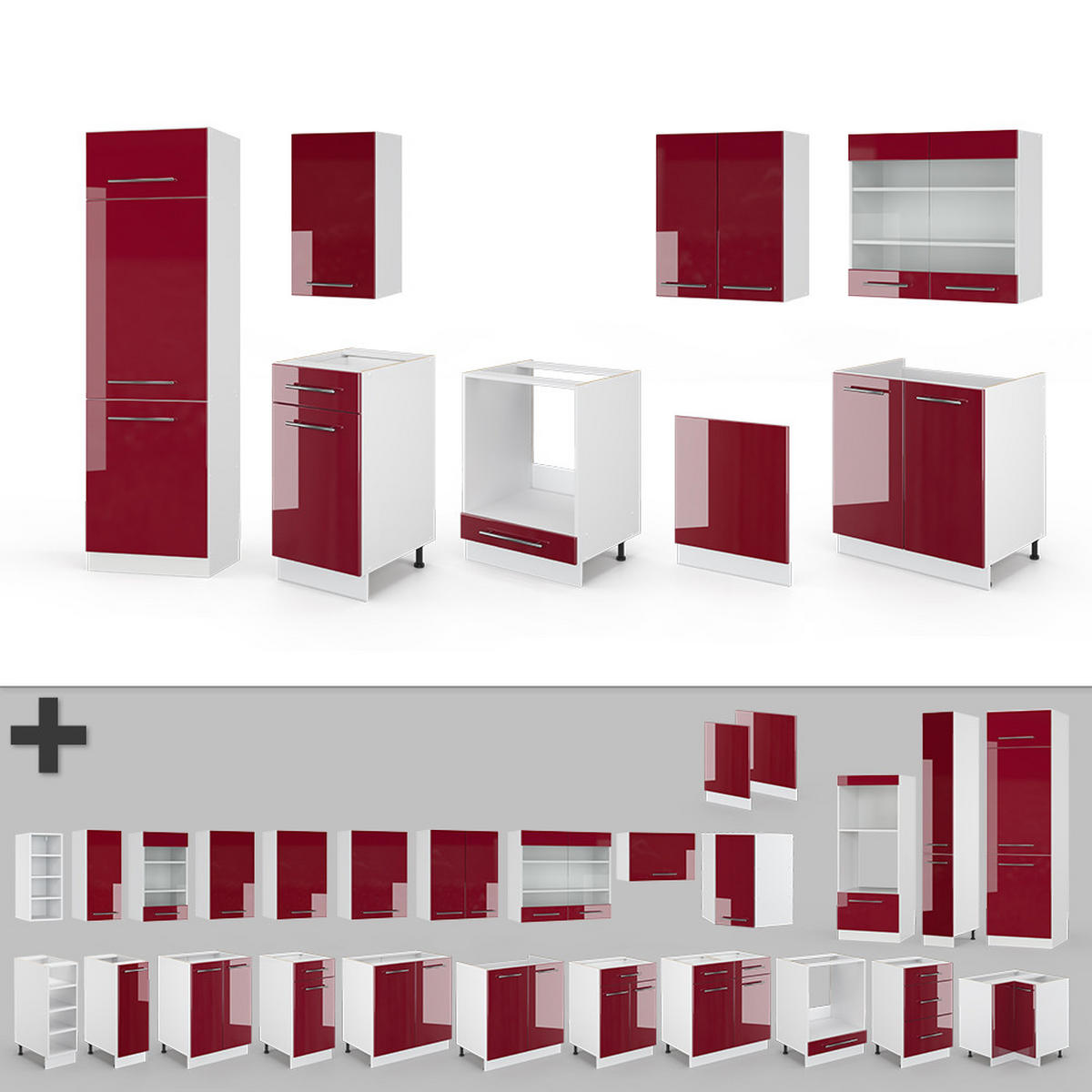 KÜCHENZEILE Fame-Line Bordeaux Hochglanz/Weiß 300 cm, AP Eiche - Bordeaux/Weiß, Holzwerkstoff (300/81.6/60cm) - Vicco