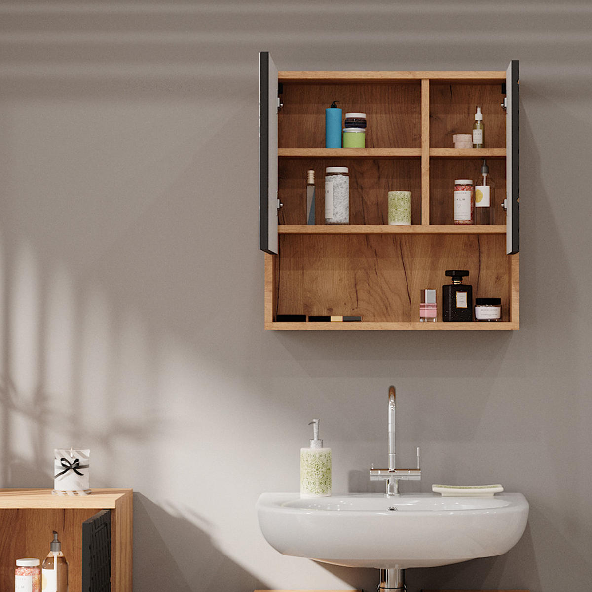 BADSPIEGELSCHRANK Irma Goldkraft Eiche 54 x 55 cm - Anthrazit, Holzwerkstoff (54/55/16.9cm) - Vicco