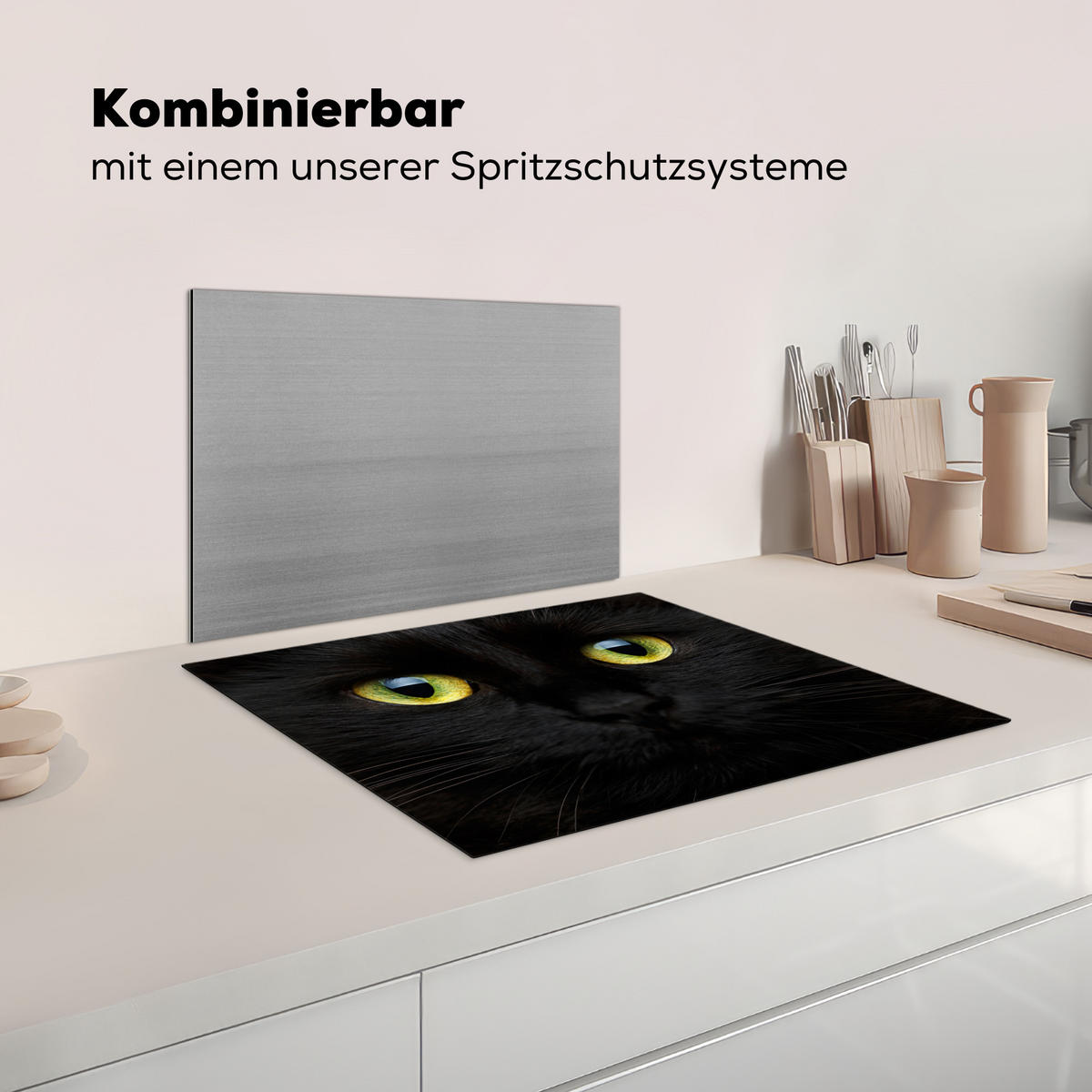 HERDABDECKPLATTE Katze - Augen - Gelb - Schwarz Herdabdeckung Induktionsfeld 65x52 cm - Schwarz, Kunststoff (65/52/0.2cm) - MuchoWow