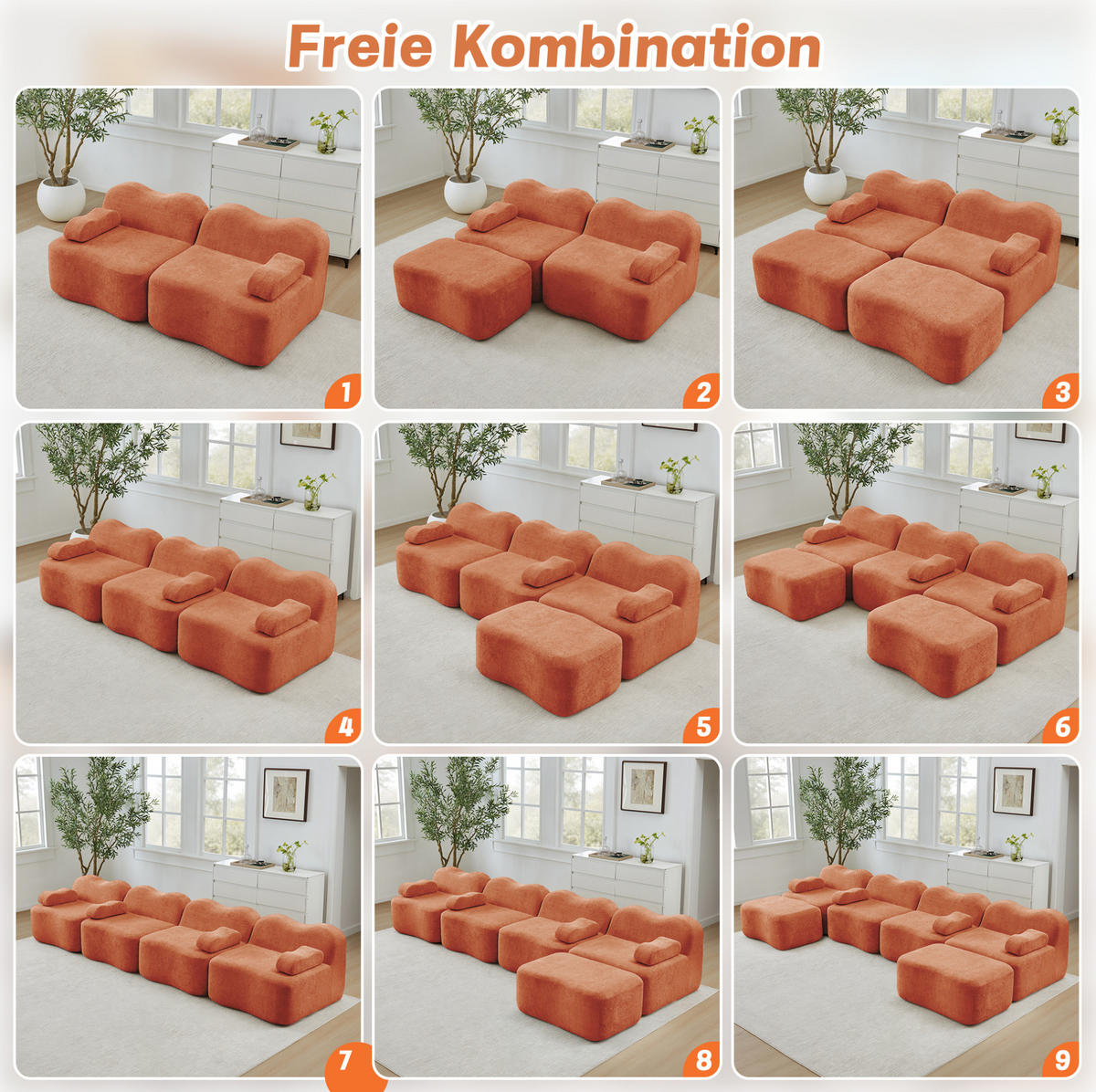 ECKSOFA 384/167/70 cm in Orange aus Samt, rahmenlos und flexibel - Orange, Textil (167/384cm) - Flora Grace