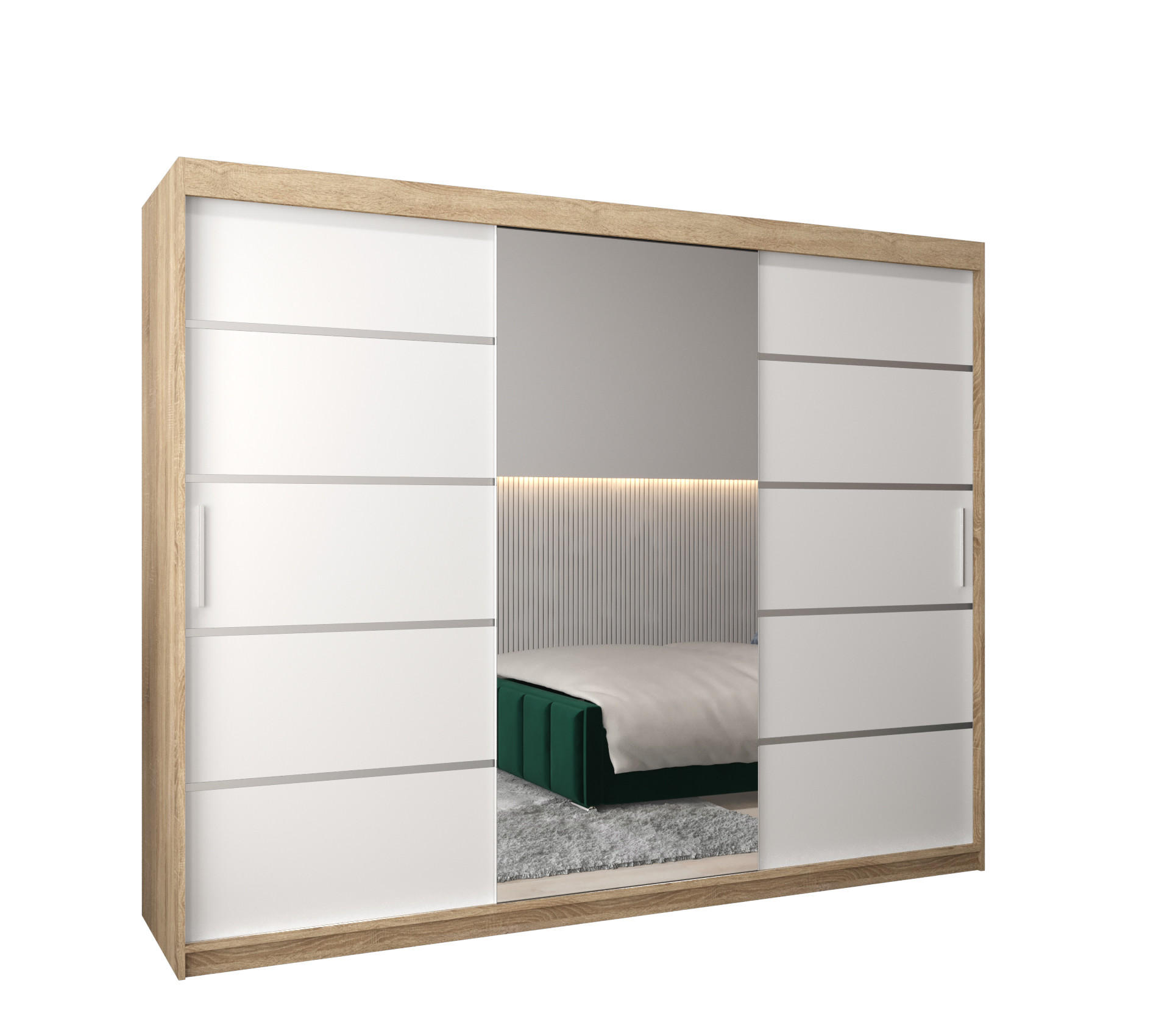 SCHWEBETÜRENSCHRANK 200/250/62 3-türig - Silberfarben/Weiß, Holz/Kunststoff (250/200/62cm) - Abiks Möbel