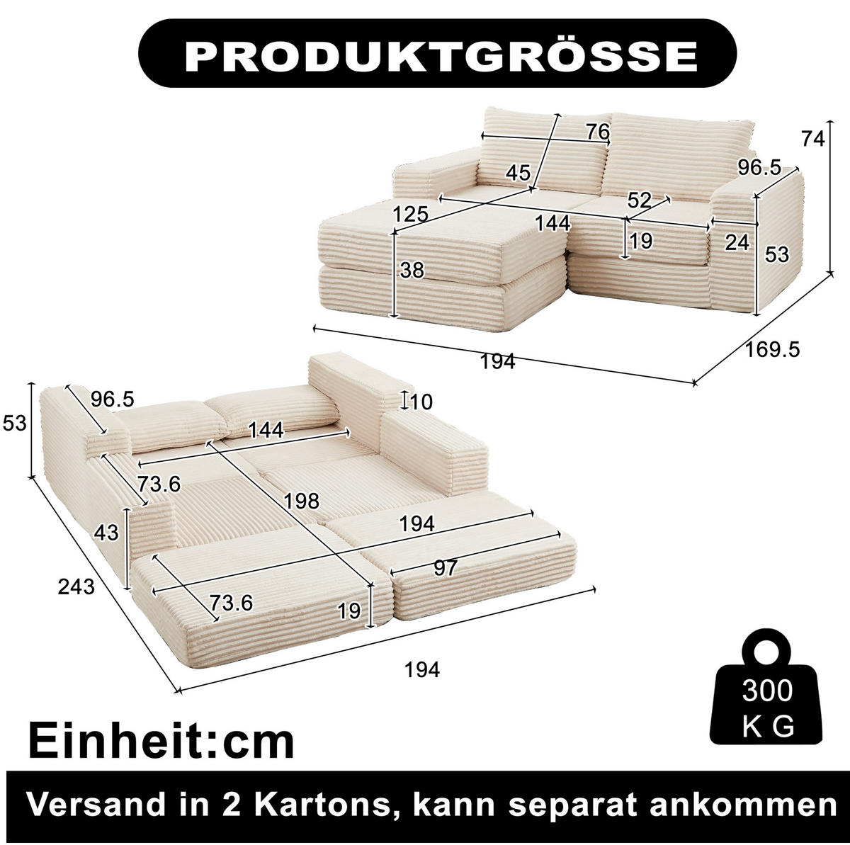 SOFA-BETT modular mit beweglicher Fußstütze Cord Beige - Beige, Kunststoff (169.5/194cm) - Meubliv