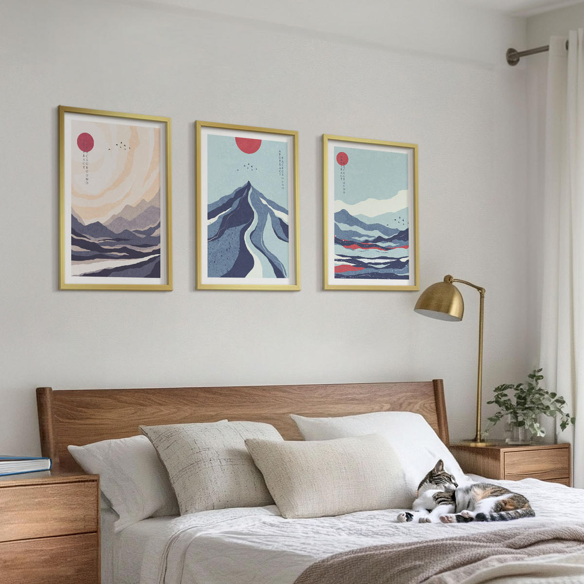 WANDBILDER 3er Set - 40x60 cm Goldrahmen - Abstrakte japanische Berge - Goldfarben, Kunststoff (40/60cm) - ArtPrintCave