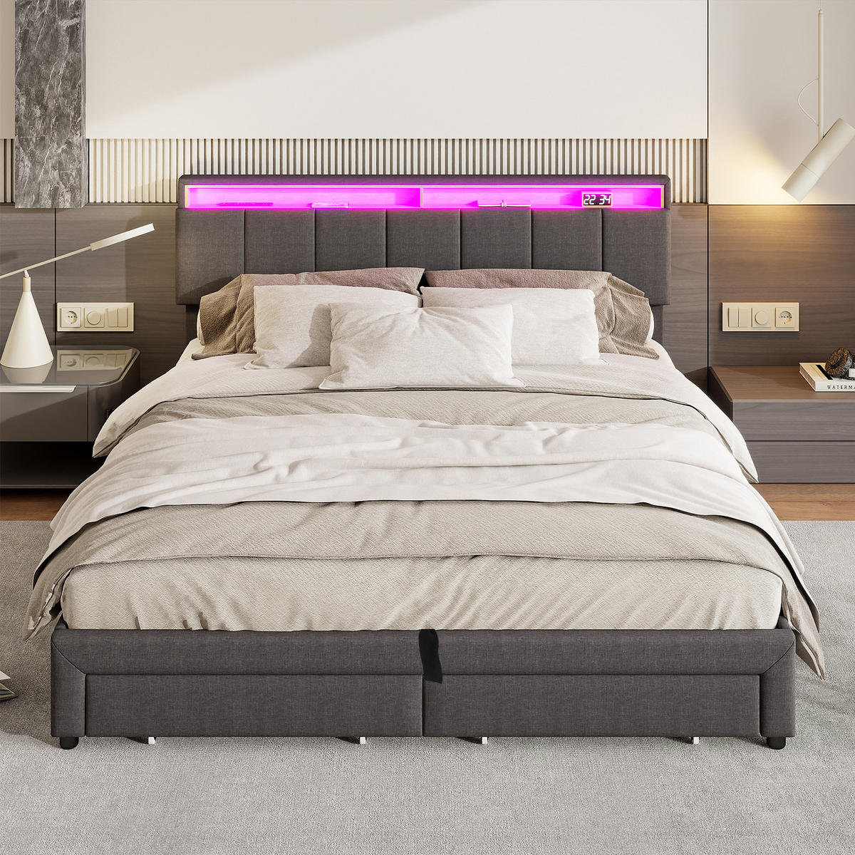POLSTERBETT Grau 180x200 cm LED - Grau, Metall - SHOPENTRA