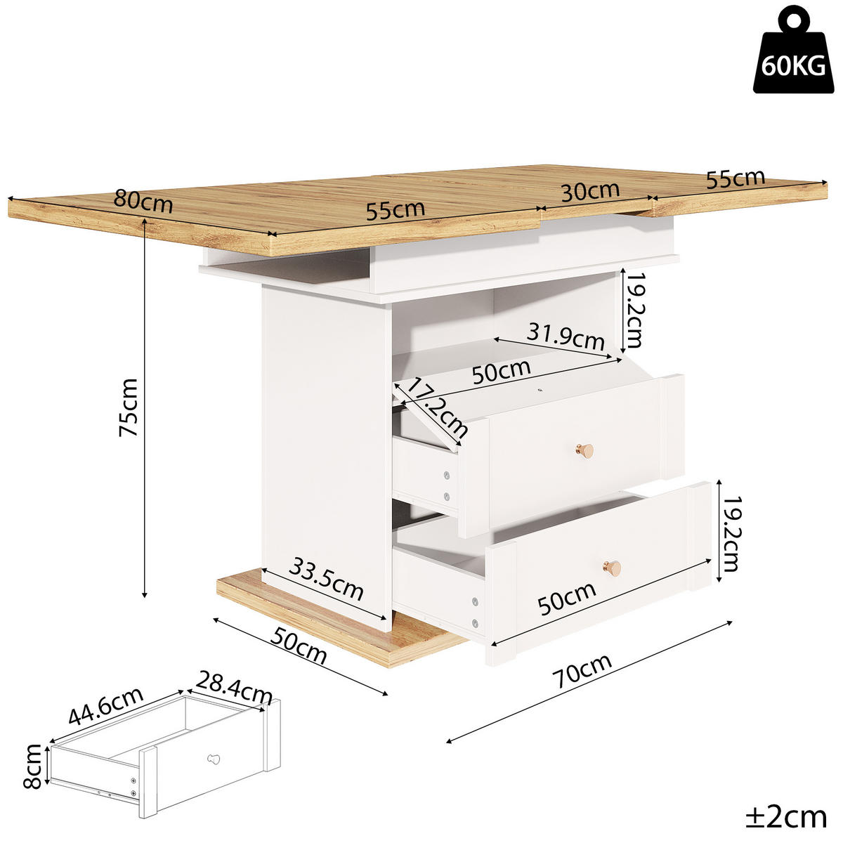 ESSTISCH 80/140/75 cm Weiß aus MDF ausziehbar 110–140 cm mit Stauraum - Weiß, Holzwerkstoff (140/80/75cm) - OKWISH