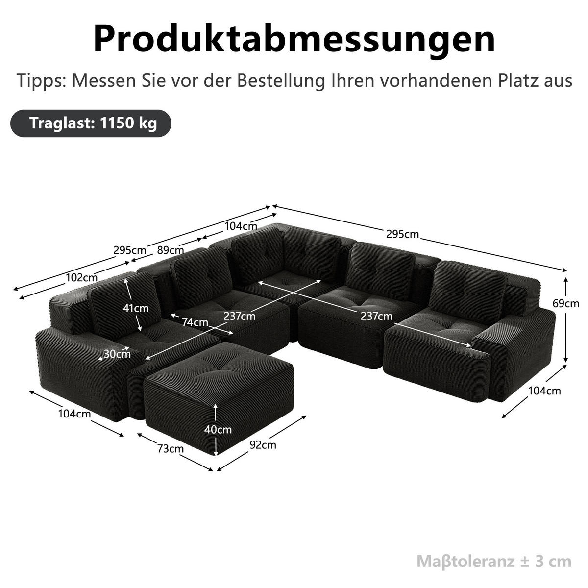 WOHNLANDSCHAFT DE-34424 mit Ottoman und Cordstoff Schwarz - Schwarz, Textil (295/69/295cm) - ComfortXL