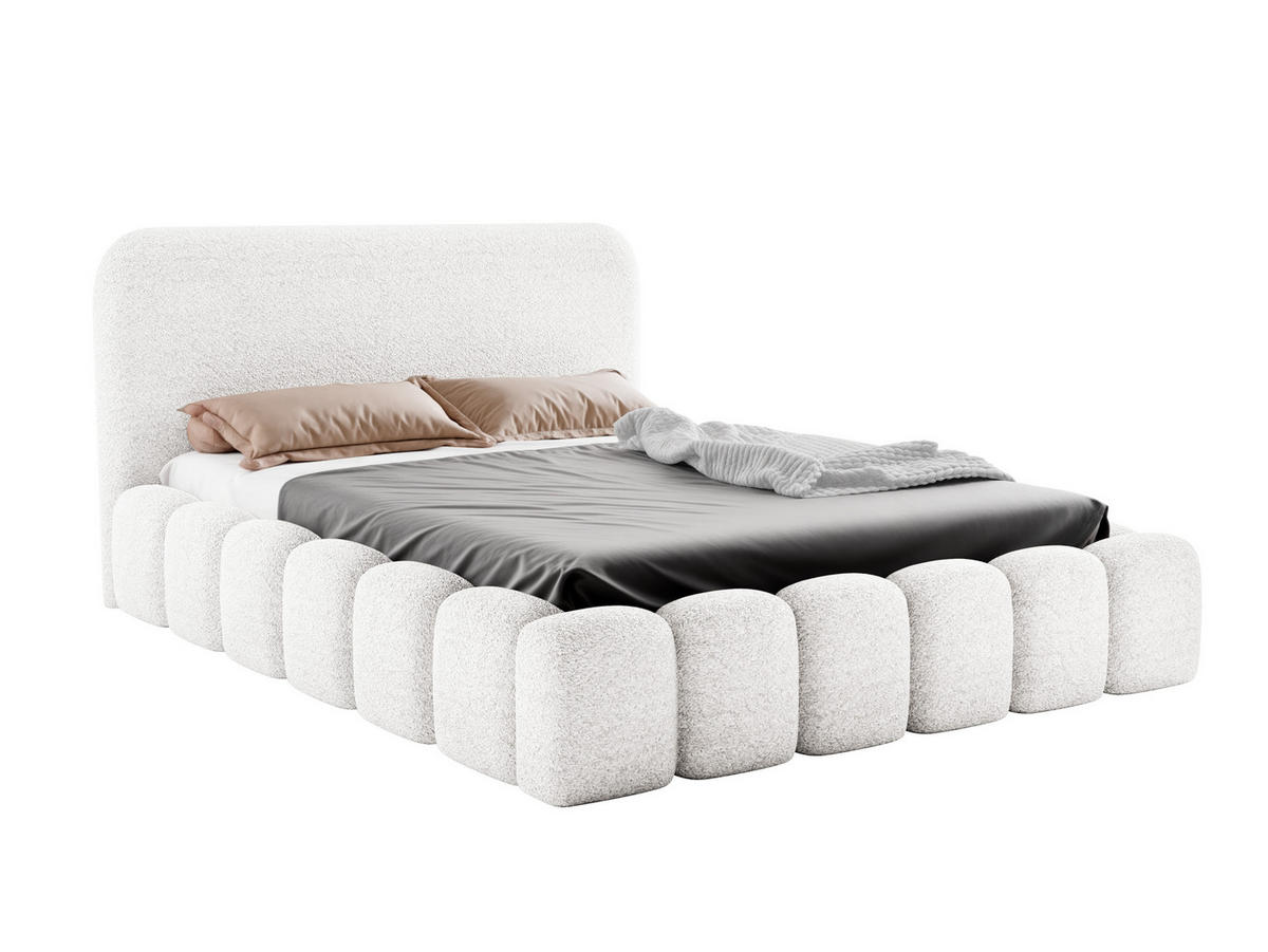 POLSTERBETT MONI 160x200 mit Bettkasten und Lattenrost – Bouclé Stoff MONTE Weiß - Weiß, Textil (160/200cm) - Luxkor24