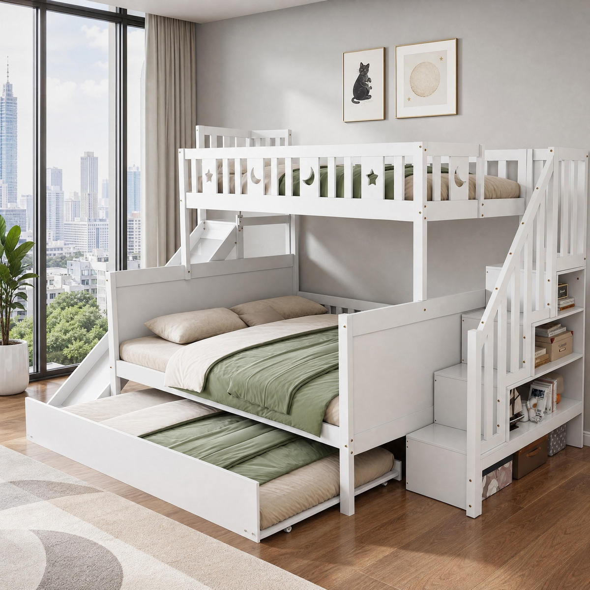 ETAGENBETT 90/200+140/200 mit Rutsche, Rollbett und Stauraum in Weiß - Weiß, Holz (90/200cm) - EVRYAE