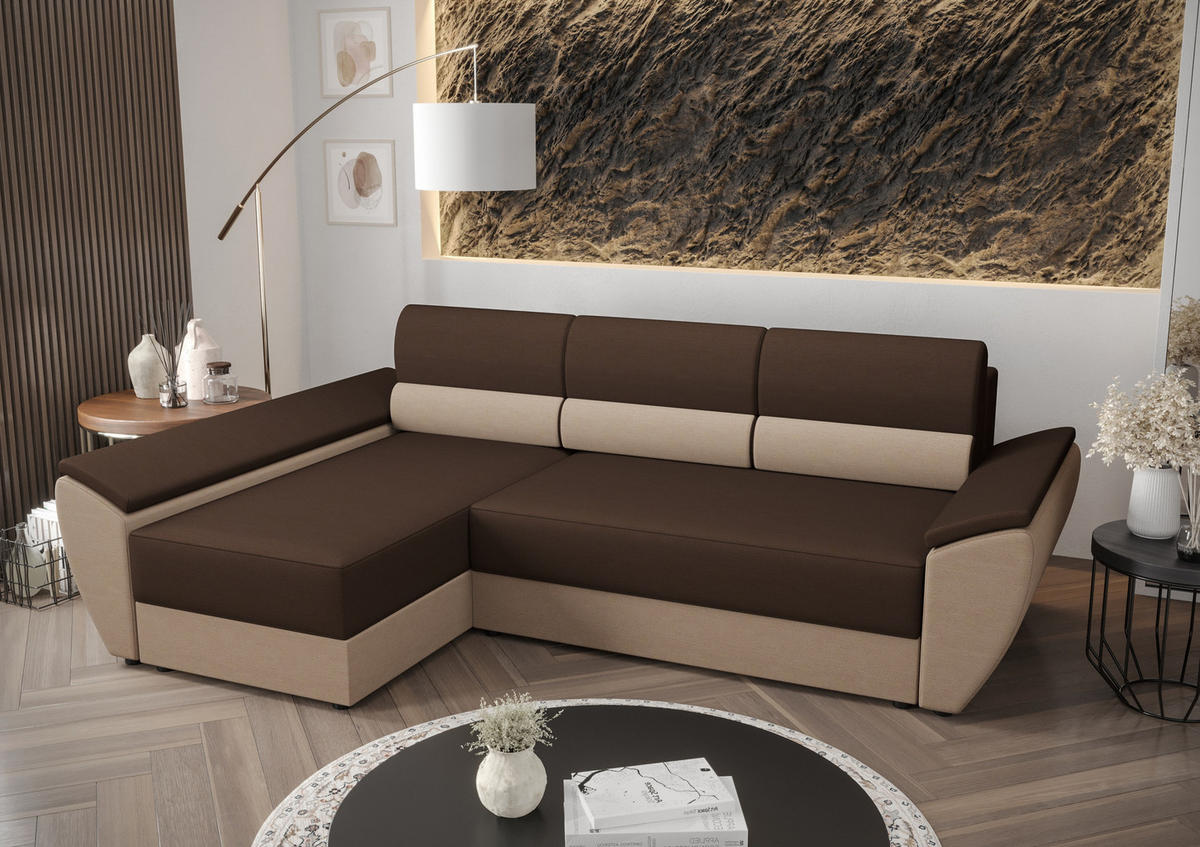 ECKSOFA L REBI L3 Rainbow 20/05 Links mit Schlaffunktion, Braun/Beige - Beige/Braun, Textil (251/140cm)