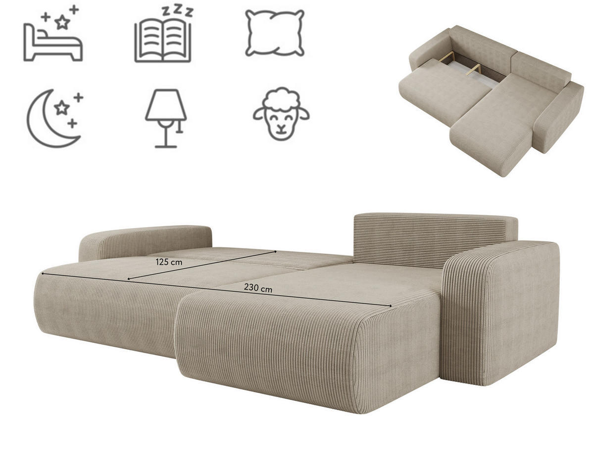 SCHLAFSOFA MILANO XL und bettkasten stoff Poso Dicker Cord Dunkelbeige Rechts - Sandfarben/Beige, Holz (274/82/145cm) - Kaiser Möbel