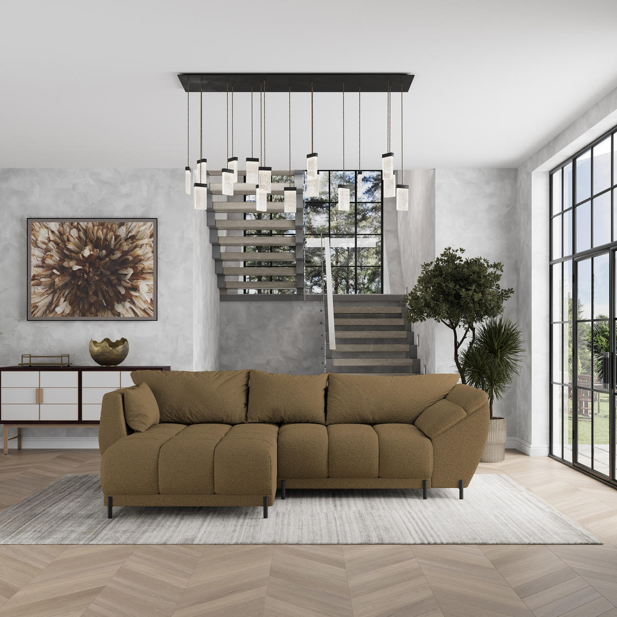 ECKSOFA VESTANO L-S Orange Boucle-Stoff mit Schlaffunktion - Orange, Holz (287/182cm) - MASSENO