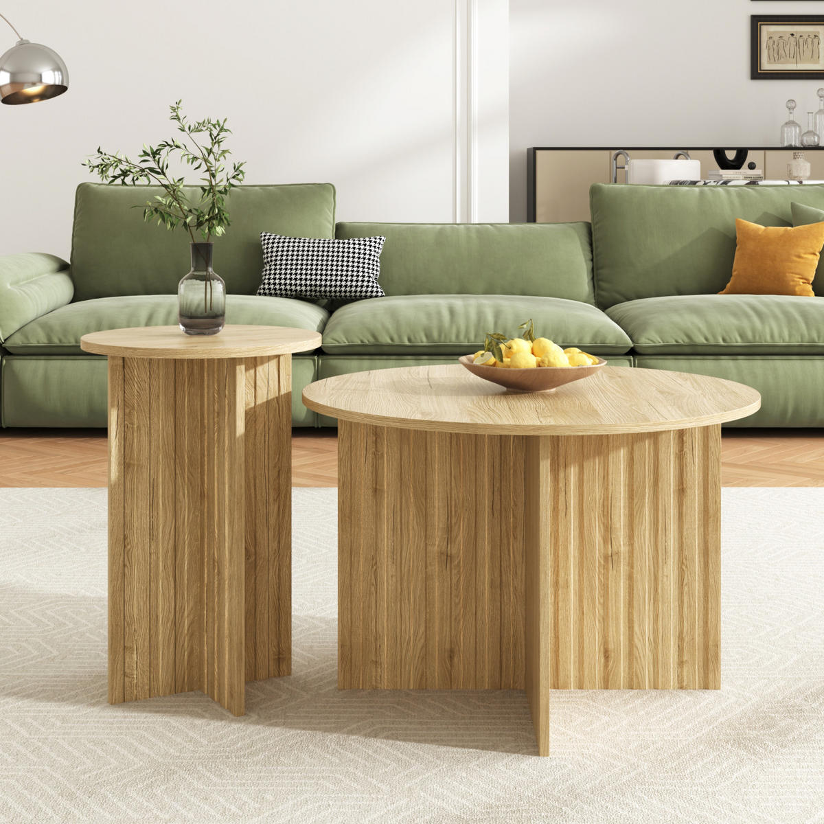 COUCHTISCH-SET Holz, rund im skandinavischen Design - Cognac, Metall (76/76/50cm)