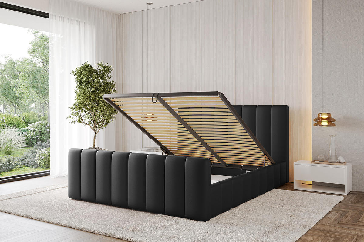 POLSTERBETT mit Bettkasten, Fußteil und Lattenrost, Boxbett mit Matratze H3/H4 - FINO-Z 180x200 Schwarz Kunstleder - Schwarz Hochglanz, Holzwerkstoff/Textil (180/200cm) - ALTDECOR