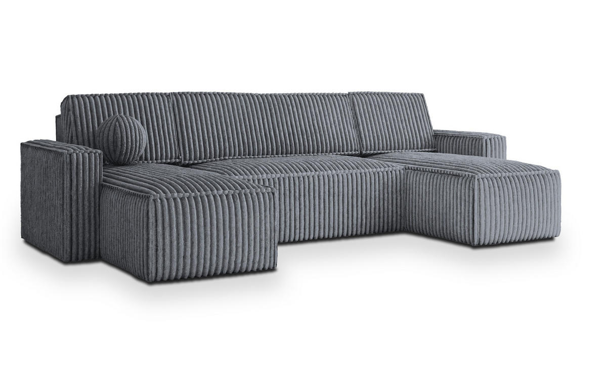 WOHNLANDSCHAFT PESANO T Grau Kordstoff mit Schlaffunktion - Grau, Holz (306/85/140cm) - MASSENO