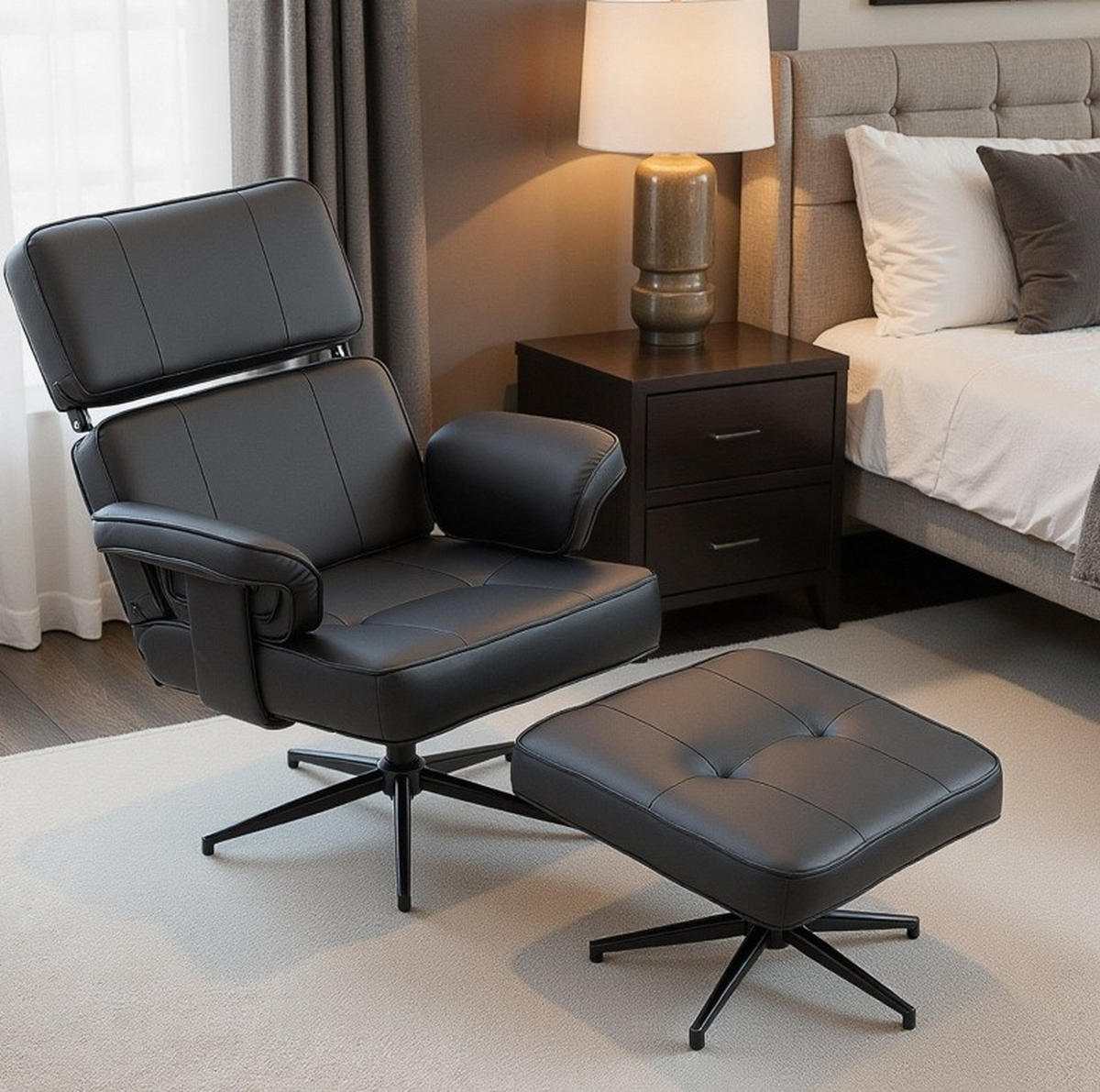 SESSEL 91/79/89 cm in Schwarz mit Fußhocker und verstellbarer Kopfstütze - Schwarz, Kunststoff (91/89/79cm) - BEAOK