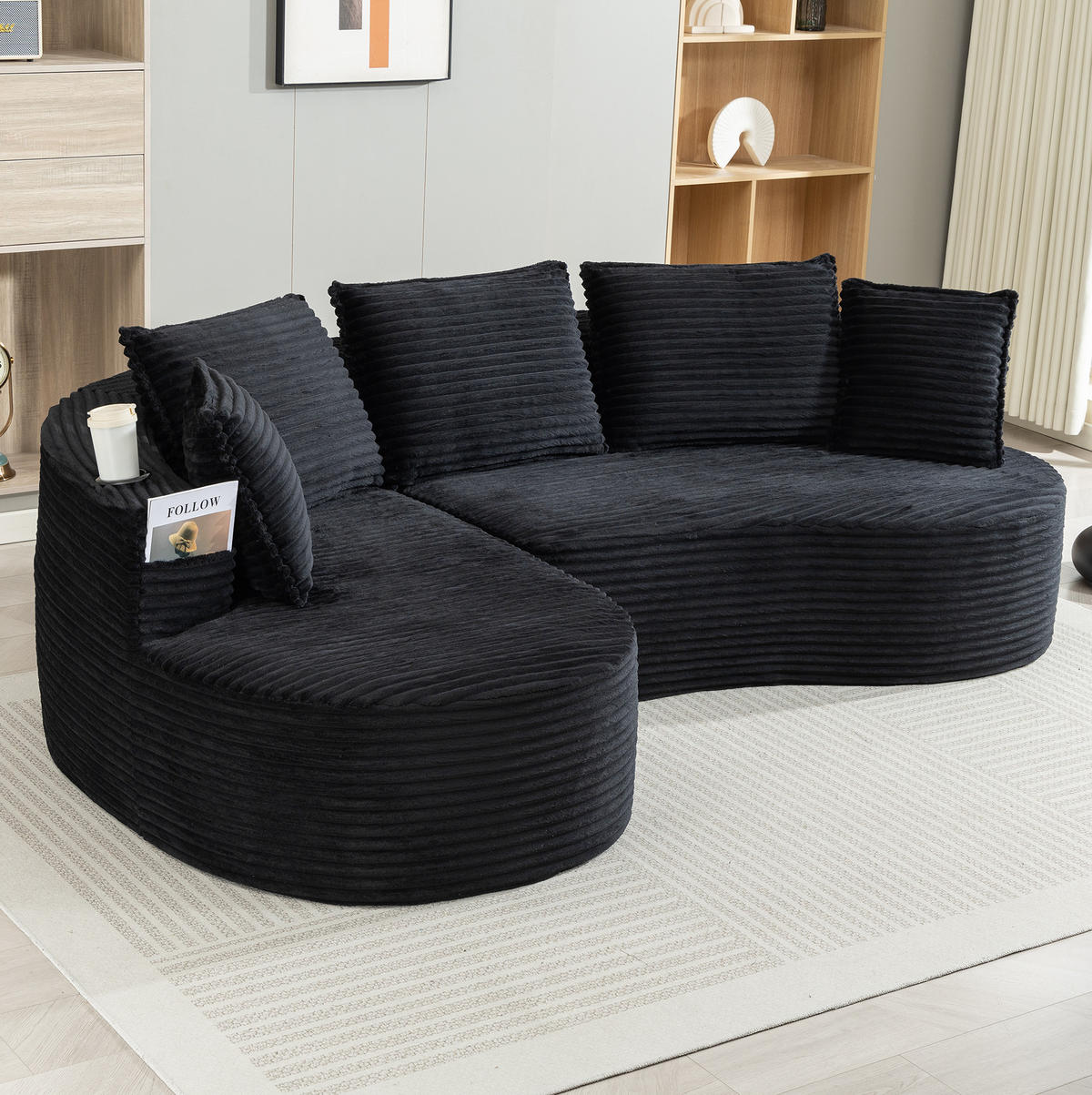 SOFA im Bogendesign 250 x 152 cm Corduroy Black - Schwarz, Textil (152/250cm) - Meubliv