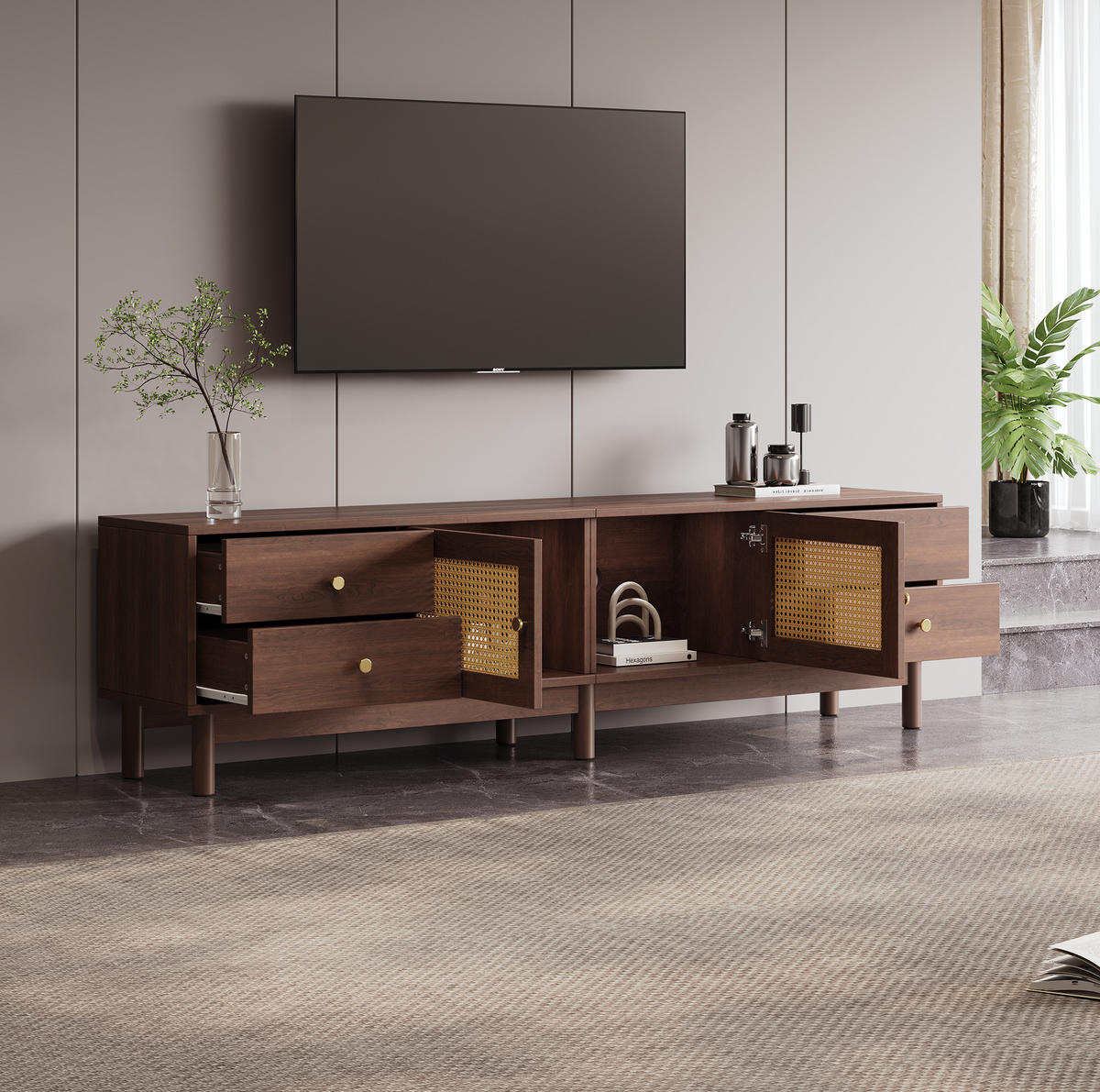 TV-SCHRANK mit Rattantüren und 4 Schubladen 180 cm Holzoptik Braun - Braun, Holzwerkstoff (35/44/180cm) - Beauniv