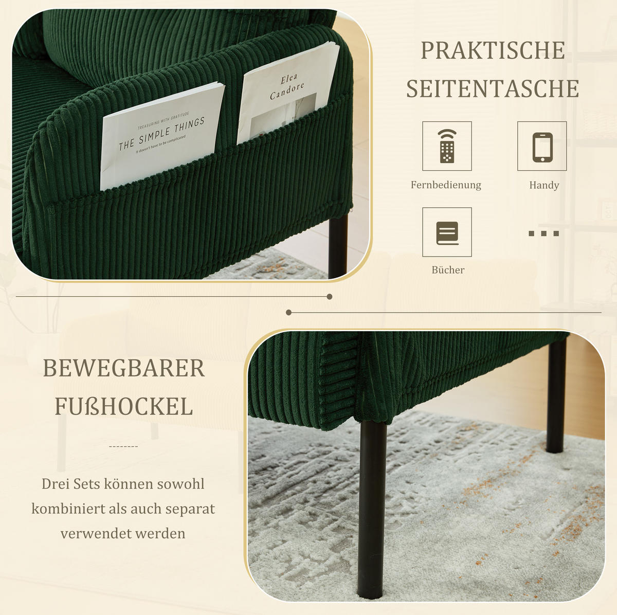 SOFA Dreisitzer mit Seitentasche 171 x 72 x 80 cm Cord Emerald - Smaragdgrün, Textil (171/80/72cm) - IVMEU