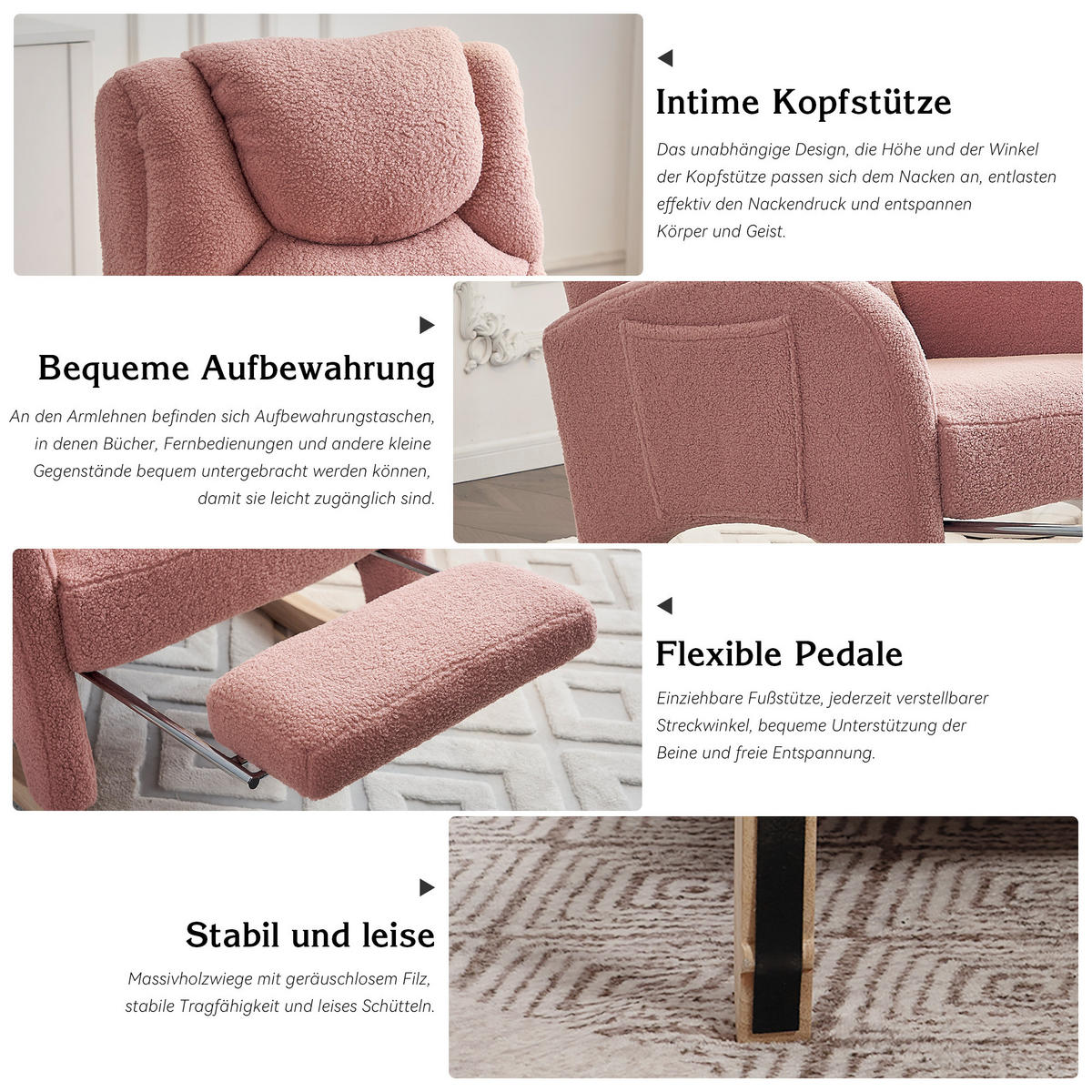 SCHAUKELSTUHL Teddy-Stoff mit klappbarem Fußhocker 66/125/101 cm Rosa - Rosa, Textil (125/101/66cm) - Redom